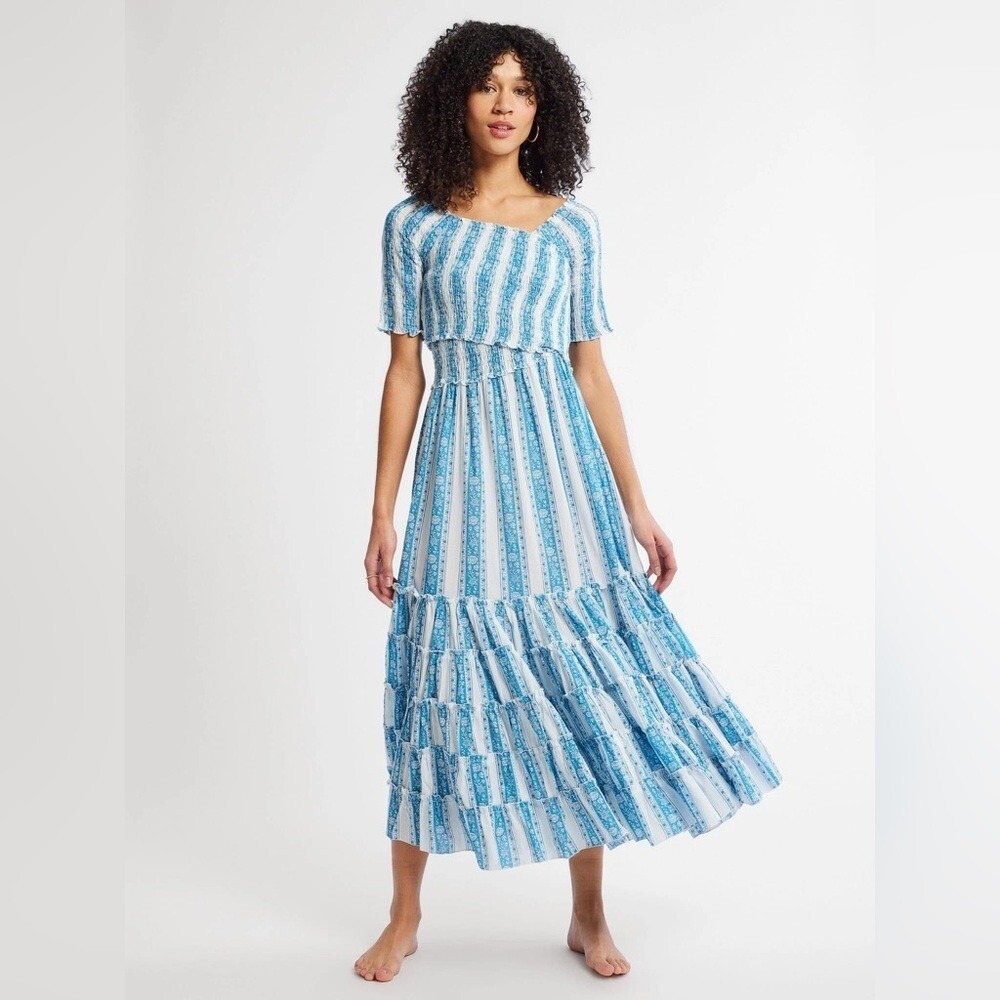 MILLE Women's Celia Dress in Aqua Jaipur Striped Smocked Crossover Midi Dress- S